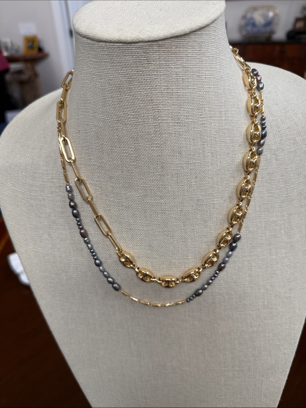 Mignonne Gavigan Gold Layered Chain Necklace with Gray Pearls